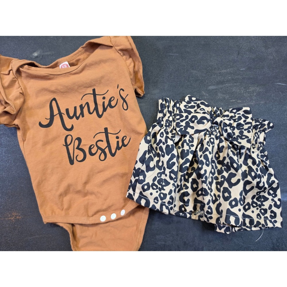 Auntie's Bestie Baby Girl Bodysuit and Leopard Skirt Set Brown Size 68